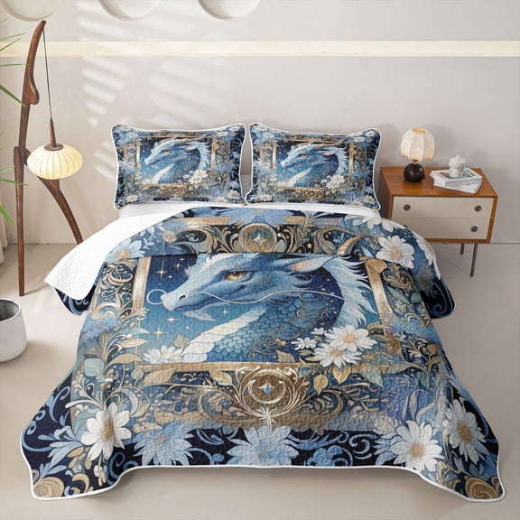 Feelyou Floral Blue Dragon Bed Spread Queen for Boys Girls, Boho Wildlife Queen Coverlet Set, Blue, 3pcs