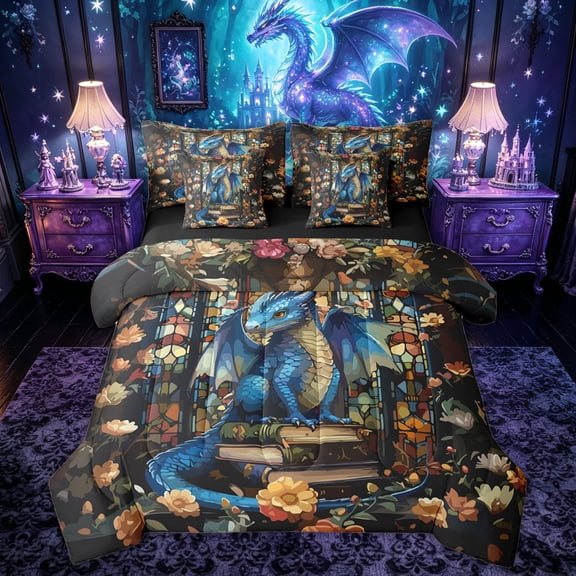 Feelyou Floral Blue Dragon Twin Bedding Sets for Boys Girls Kids, Garden Book Wildlife Bedding Comforter Set, Blue Orange, Black Reversible, 7pcs