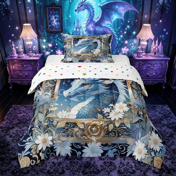 Feelyou Floral Blue Dragon Twin Comforter Sets for Boys Girls Kids, Boho Wildlife Bedding Set, Blue, Polkadot Reversible, 2pcs
