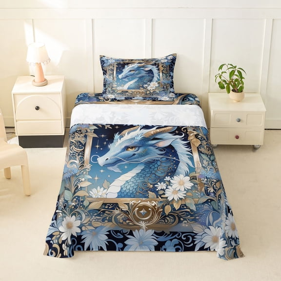 Feelyou Floral Blue Dragon Twin Sheet Sets for Boys Girls Kids, Boho Wildlife Bedding, Blue, 3pcs