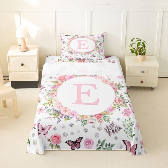 Feelyou Floral Butterfly Letter E Twin Sheet Sets for Girls, Spring Rose Flower Bedding, 3pcs