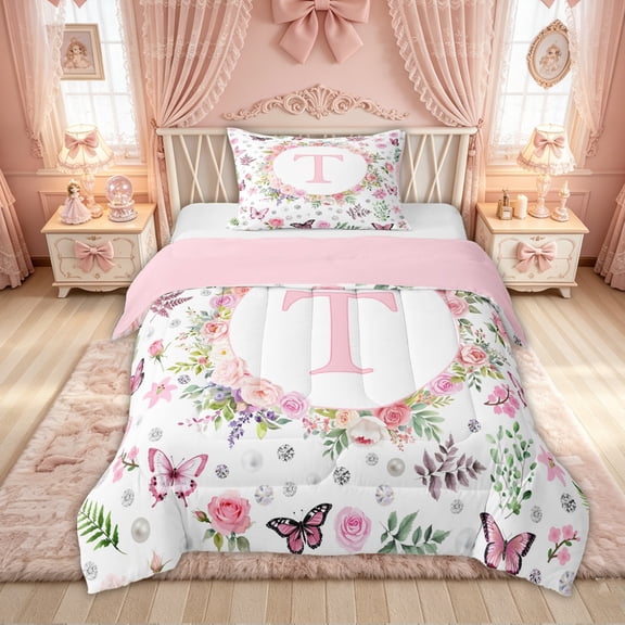 Feelyou Floral Butterfly T Initial Pink Twin Comforter Sets, Flower Monogram Initial Bedding Set for Girls, Pink Reversible, 2pcs