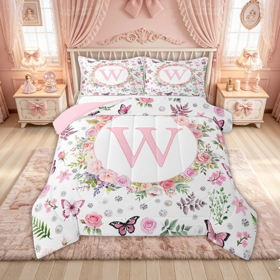 Feelyou Floral Butterfly W Initial Pink Full Size Comforter Sets, Flower Monogram Initial Bedding Sets for Girls, Pink Reversible, 3pcs