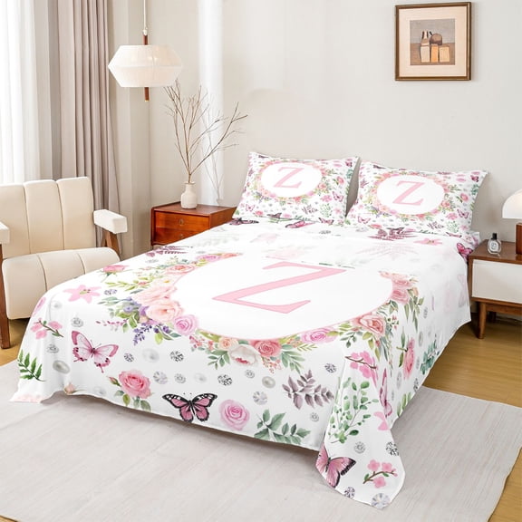 Feelyou Floral Butterfly Z Initial Pink Queen Sheet Sets, Flower Monogram Initial Bed Set for Girls, 4pcs