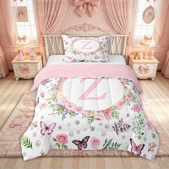 Feelyou Floral Butterfly Z Initial Pink Twin Comforter Sets, Flower Monogram Initial Bedding Set for Girls, Pink Reversible, 2pcs