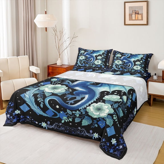 Feelyou Floral Dragon Animal Bed Sheets for Kids, Bohemian Checkered King Sheets, Navy, 4pcs