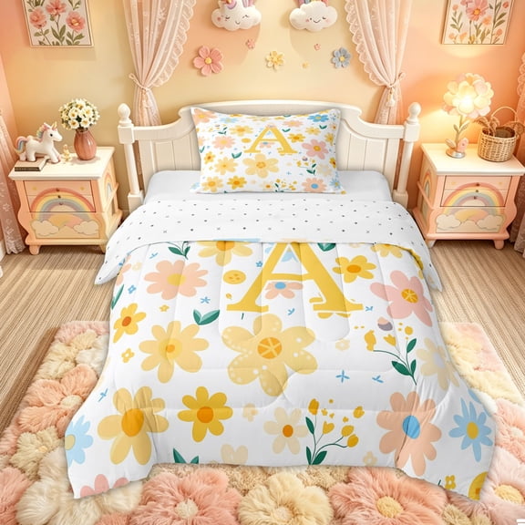 Feelyou Floral Letter A Twin Comforter Sets for Girls, Spring Daisy Groovy Bedding Set for Bedroom, Multicolor, Reversible, 2pcs