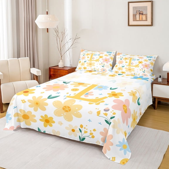 Feelyou Floral Letter L Bed Sheets for Girls, Spring Daisy Groovy King Sheets, Multicolor, 4 Pieces