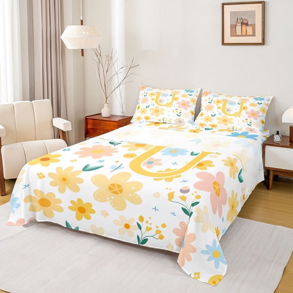 Feelyou Floral Letter U Bed Sheets, Floral Plaid King Sheets for Kids Girls, Yellow, 4 Pieces