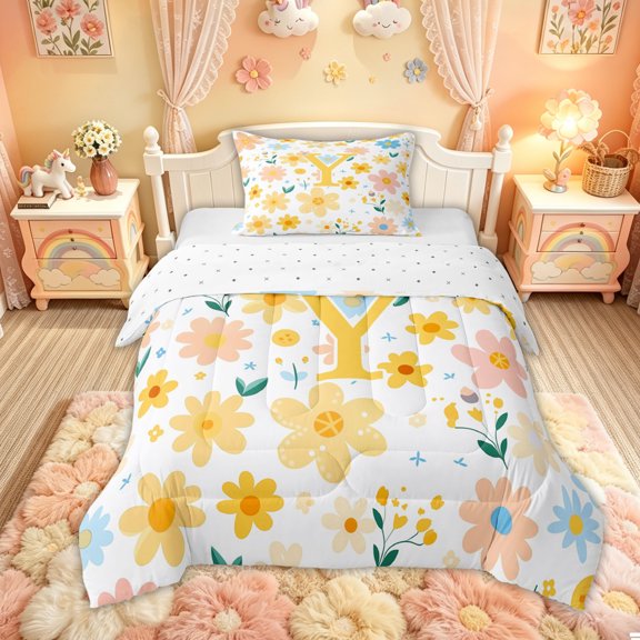 Feelyou Floral Letter Y Twin Comforter Sets for Girls, Cartoon Groovy Flower Bedding Set, Yellow, Reversible, 2pcs
