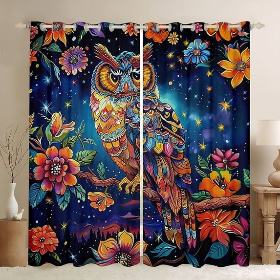 Feelyou Floral Owl Curtains Pack of 2 (42x84 Each), Stars Starry Sky Curtains Blackout