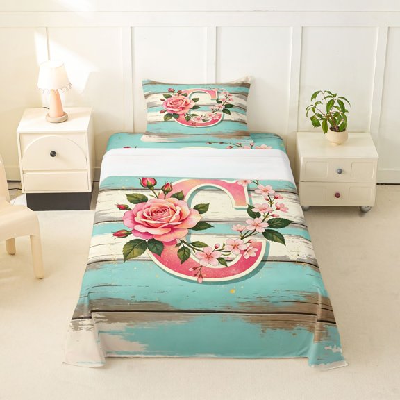 Feelyou Floral Wood Letter C Twin Sheets for Girls, Vintage Rose Print Bedding, Pink Teal, 3pcs, 1 Flat Sheet, 1 Fitted Sheet and 1 Pillowcase
