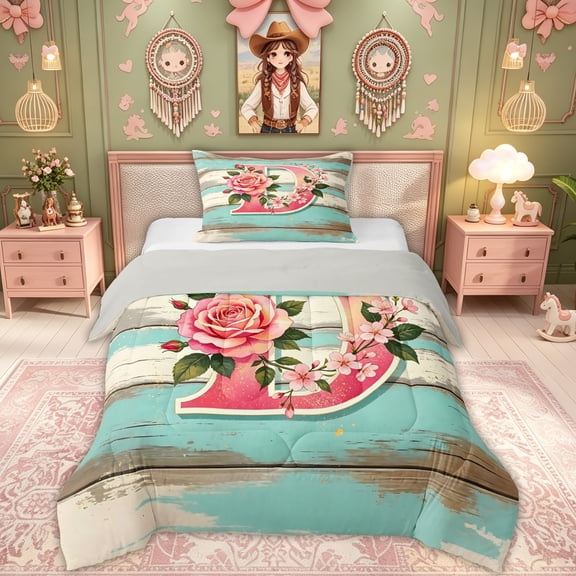 Feelyou Floral Wood Letter D Twin Comforter Sets for Kids, Farmhouse Rose Flower Bedding Set, Pink Teal, Grey Reversible, 2 Pieces, 1 Comforter and 1 Pillowcase