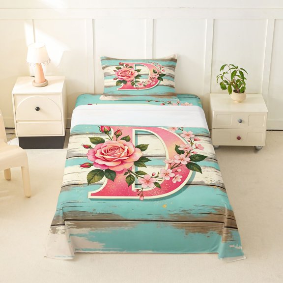 Feelyou Floral Wood Letter D Twin Sheets for Kids, Farmhouse Rose Flower Bedding, Pink Teal, 3 Pieces, 1 Flat Sheet, 1 Fitted Sheet and 1 Pillowcase