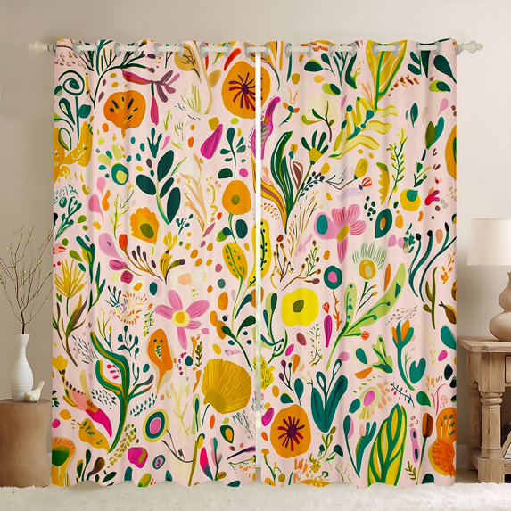 Feelyou Flower Black Out Curtains, Kawaii Plant Leaves Curtains Pack of 2 (42x63 Each)