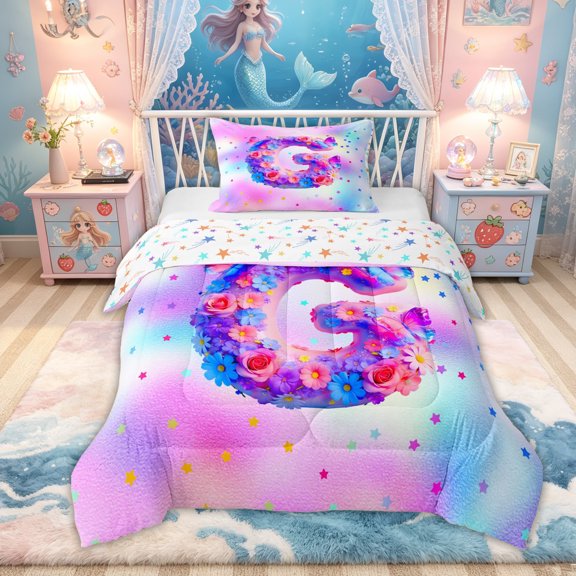 Feelyou Flower Butterfly G Initial Rainbow Twin Comforter Sets, Watercolor Galaxy Stars Bedding Set for Girls, Colorful Stars Reversible, 2pcs