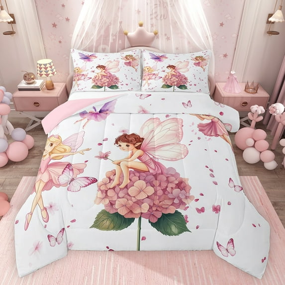Feelyou Flower Elf Angel Queen Comforter Set for Kids, Pink Flower Butterfly Bedding Sets, Fairy Tale Princess Reversible Bedding Comforter Set, Microfiber Bedroom Decor, 3pcs