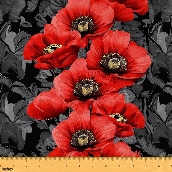 Feelyou Flower Fabric by the Yard 2 Yards for Adult, Grey Red Room Decor Fabric by the Yard, Bohemian Flower Plant Fabric for Sewing, Microfiber Bedroom Decor