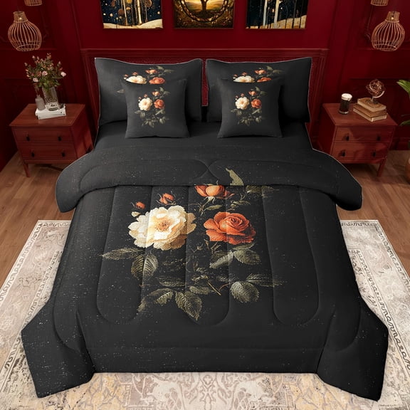 Feelyou Flower Floral Bedding Comforter Set 7pcs for Women, Romantic Rose King Bedding Sets, Vintage Fashion Style Reversible Bed Sheets, Microfiber Bedroom Decor
