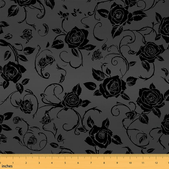 Feelyou Flower Floral Fabric by the Yard 5 Yards, Black Grey Rose Sewing Fabric, Teens Child Adult Home Decor Fabric by the Yard, Microfiber Bedroom Decor