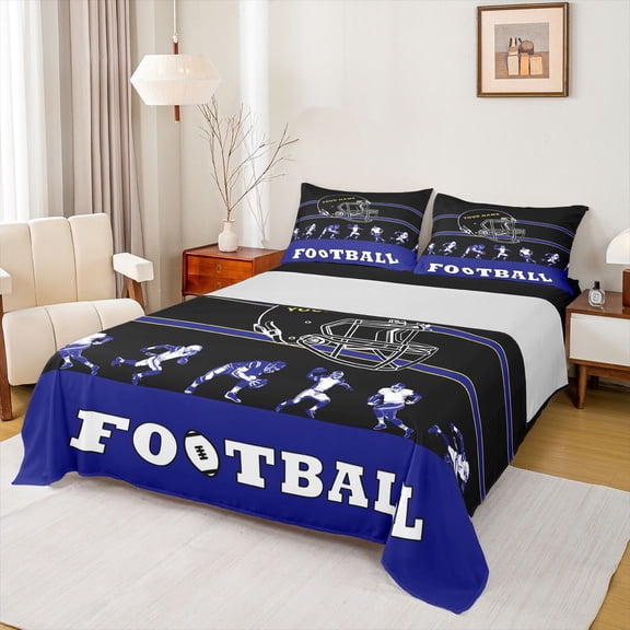 Feelyou Football Athlete Helmet Bed Sheets, Black Blue Abstract King Sheets, Rugby Sports Theme Sheet Set, Breathable Home Decor, 4 Pieces