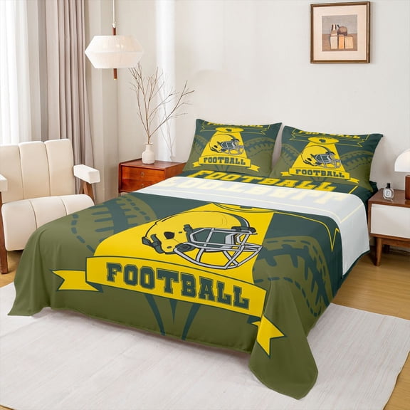 Feelyou Football Athlete Helmet Bed Sheets, Yellow Green Abstract King Sheets, Rugby Sports Theme Sheet Set, Luxury Bedroom Decor, 4pcs