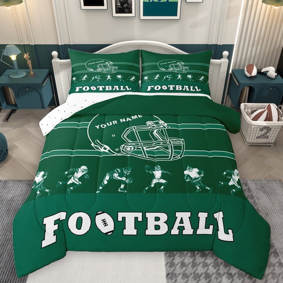 Feelyou Football Athlete Helmet Queen Comforter Set, Green Stripes Abstract Bedding Sets, Rugby Sports Theme Reversible Bedding Comforter Set, Breathable Home Decor, 3 Pieces