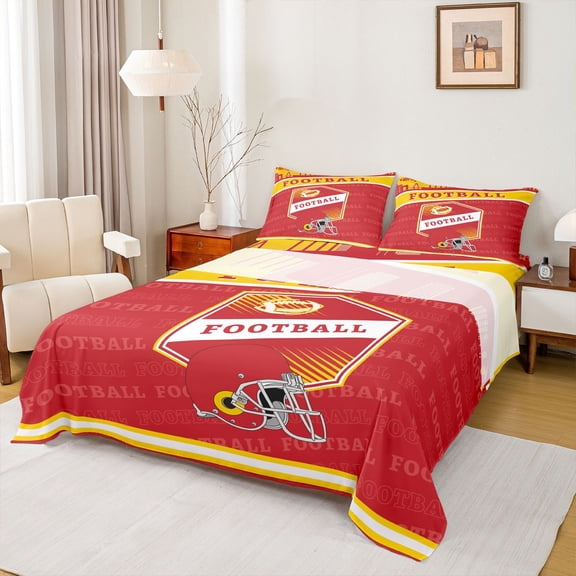Feelyou Football Athlete Helmet Twin Sheet Sets, Red Gold Abstract Twin Fitted Sheet, Rugby Sports Theme Flat Sheet, Microfiber Bedroom Decor, 3 Pieces