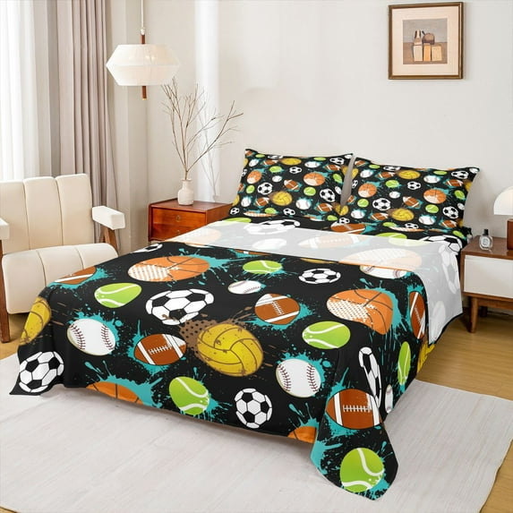 Feelyou Football Rugby Sport Twin Sheet Sets, Cartoon Watercolor Bedding, 3-Piece