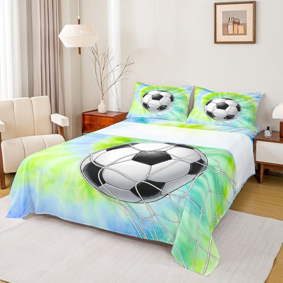 Feelyou Football Soccer Queen Sheets for Girls, Green Blue Tie Dye Swirl Queen Sheet Sets, 4-Piece, 1 Flat Sheet, 1 Fitted Sheet and 2 Pillowcases