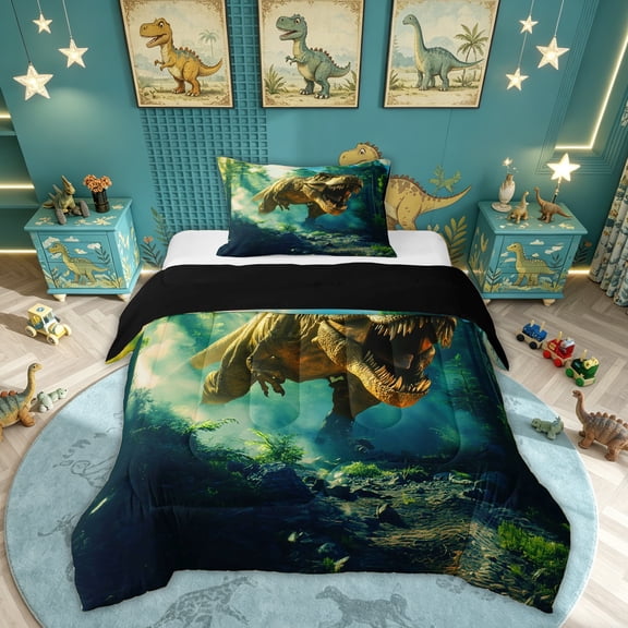 Feelyou Forest Dinosaur Twin Comforter Sets for Boys Men, Cartoon Jungle Animal Bedding Set, Green Blue, Black Reversible, 2 Pieces