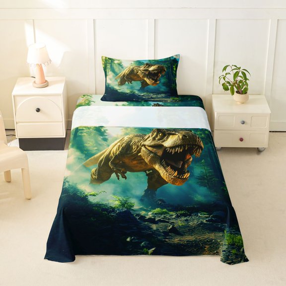Feelyou Forest Dinosaur Twin Sheet Sets for Boys Men, Cartoon Jungle Animal Bedding, Green Blue, 3 Pieces