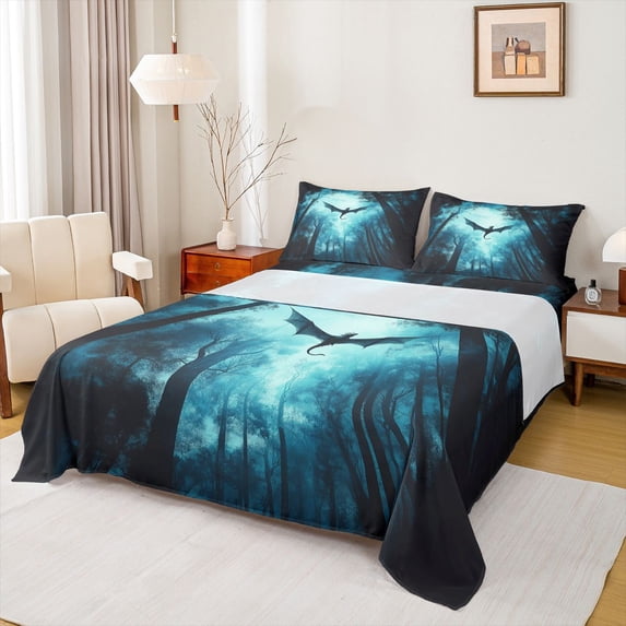 Feelyou Forest Flying Dragon Bed Sheets for Men Women Kids, Gothic Woodland Wildlife King Sheets, Cyan, 4pcs