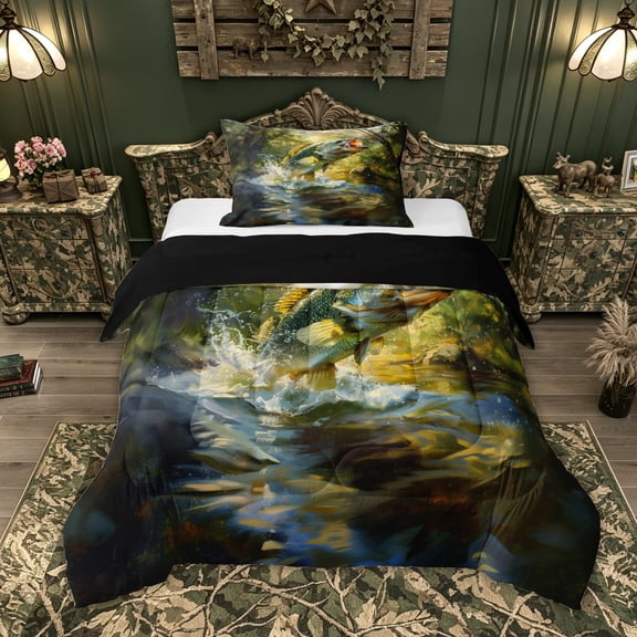Feelyou Forest Largemouth Bass Splash Twin Comforter Sets for Men, Lake Tree Marine Wildlife Bedding Set, Green Blue, Black Reversible, 2 Pieces