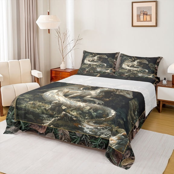 Feelyou Forest Woodland Dragon Full Size Sheets for Men Women, Vintage Wildlife Bed Sheets, Green Brown, 4-Piece