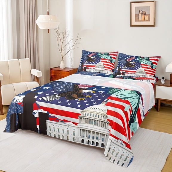 Feelyou Fourth of July Twin Sheet Sets, Stripes Stars Flag Twin Fitted Sheet, Kawaii Eagle Animal Flat Sheet, Lightweight Room Decor, 3 Pieces
