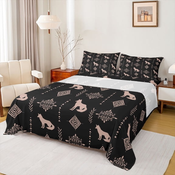 Feelyou Fox Animal Teen Bed Sheets, Black Boho Aztec Triangle King Sheets, 4pcs