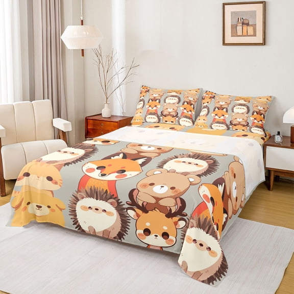 Feelyou Fox Bear Hedgehog Bed Sheets, Cartoon Animal Theme King Sheets, 4-Piece