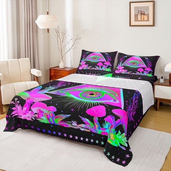 Feelyou Fuchsia Mushroom Bed Sheets, Mystic Eye Print King Sheets, 4pcs