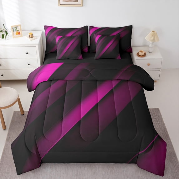 Feelyou Fuchsia Striped Geometric Bedding Comforter Set 7-Piece, Futuristic Abstract King Bedding Sets, Teen Child Kid Adult Reversible Bed Sheets, Super Cozy Room Decor