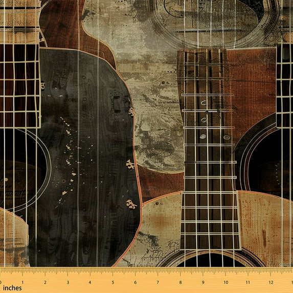 Feelyou Funk Music Teens Fabric by the Yard 3 Yards, Melody Print Home Decor Fabric by the Yard, Vintage Wooden Guitar Sewing Fabric, Super Cozy Room Decor