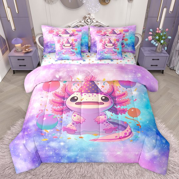 Feelyou Funny Axolotl Kids Bedding Comforter Set 7 Pieces, Kawaii Cartoon Animal Full Bedding Set, Dreamy Stars Galaxy Reversible Fitted Sheet Flat Sheet, Super Cozy Room Decor