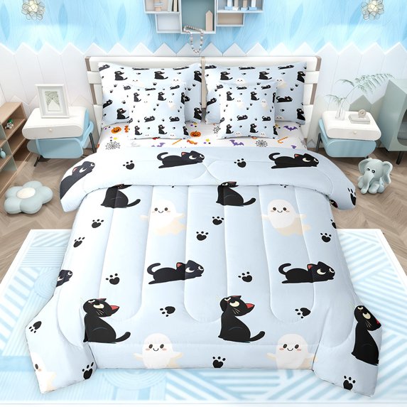 Feelyou Funny Black Cat Bedding Comforter Set 7pcs for Teens, Kawaii Kitten Animal Queen Bedding Sets, Cartoon Cute Ghost Reversible Queen Sheet Sets, Super Cozy Room Decor