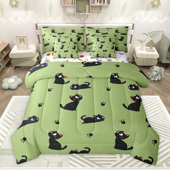 Feelyou Funny Black Cat Bedding Comforter Set 7pcs for Teens, Kawaii Kitten Animal Queen Bedding Sets, Cartoon Theme Reversible Queen Sheet Sets, Microfiber Bedroom Decor