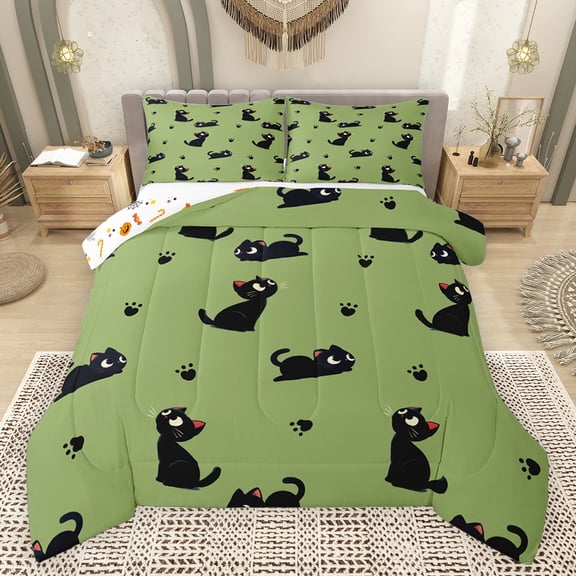 Feelyou Funny Black Cat Full Size Comforter Sets for Teens, Kawaii Kitten Animal Bedding Comforter Set, Cartoon Theme Reversible Bedding Sets, Microfiber Bedroom Decor, 3pcs