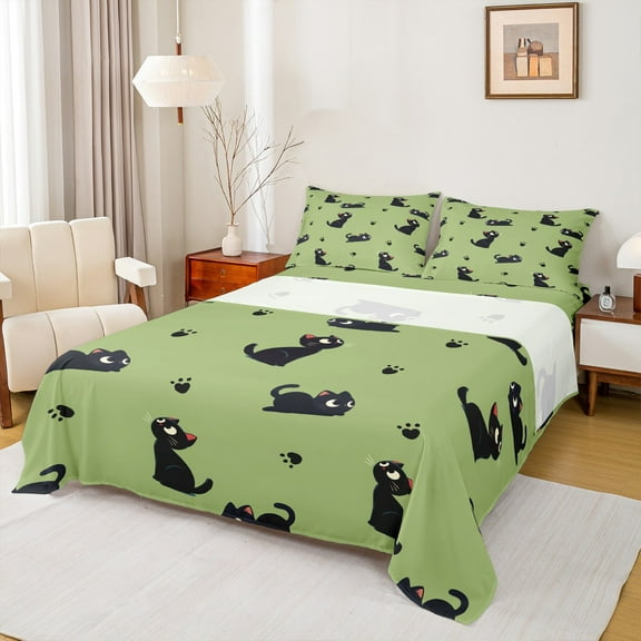 Feelyou Funny Black Cat Twin Sheet Sets for Teens, Kawaii Kitten Animal Twin Fitted Sheet, Cartoon Theme Flat Sheet, Microfiber Bedroom Decor, 3pcs