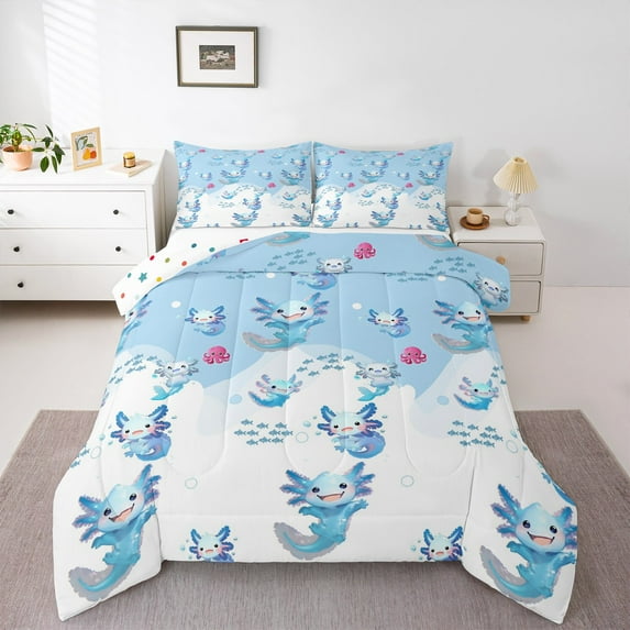 Feelyou Funny Blue Axolotl Bedding Comforter Set, Kawaii Cartoon Fish ...