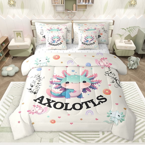 Feelyou Funny Blue Axolotl Twin Bedding Sets 7-Piece, Dreamy Stars Print Bedding Comforter Set, Teens Kids Boys Girls Reversible Sheet Sets, Super Cozy Room Decor