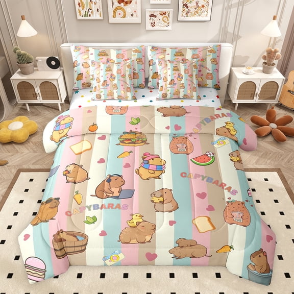 Feelyou Funny Capibara Duck Bedding Comforter Set 7pcs, Dreamy Blue Pink Stripes King Bedding Sets, Cartoon Animal Theme Reversible Bed Sheets, Super Cozy Room Decor