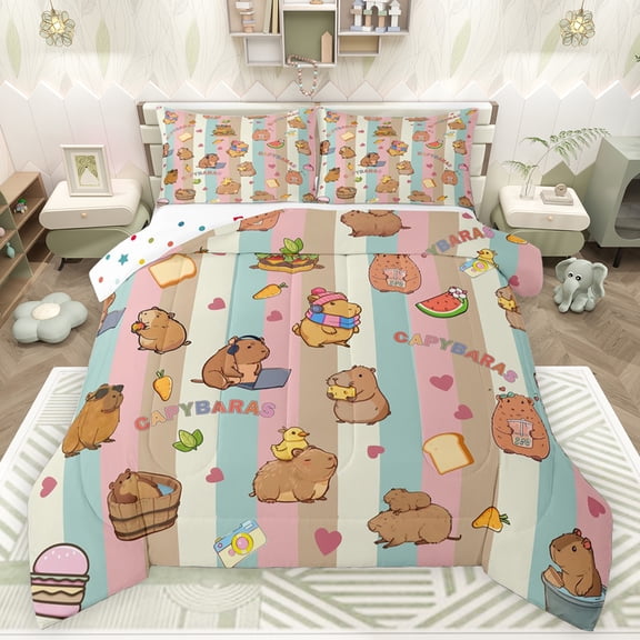 Feelyou Funny Capibara Duck Bedding Comforter Set, Dreamy Blue Pink Stripes Twin Comforter Sets, Cartoon Animal Theme Reversible Bedding Set, Super Cozy Room Decor, 2 Pieces